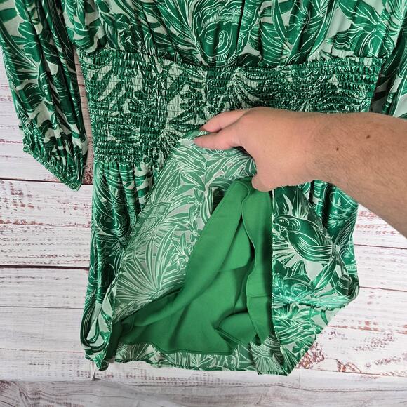 WHBM Silky Dress M Green Forest Fairy Floral Whimsy Pleated Ruched Lace up Neck - Picture 8 of 16